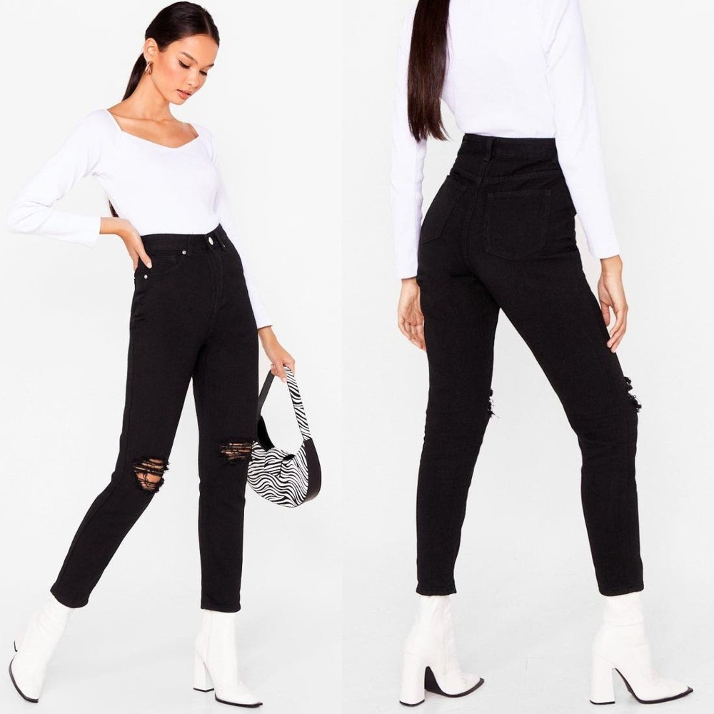 3/$20 Nasty Gal Black Distressed Ripped Knees Slim Cropped Distressed Mom Jean 4